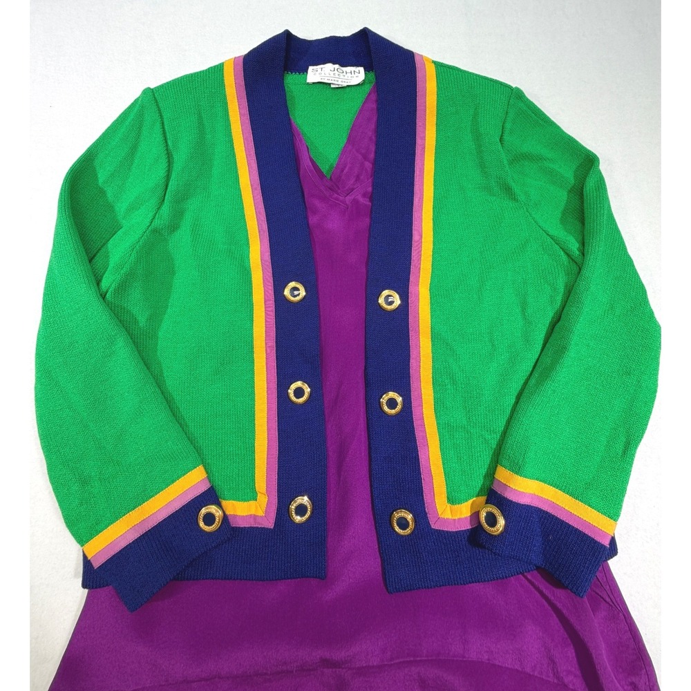 St John‎ Collection Santana Knit Cardigan Sz 6 Green Set Purple Tank Colorblock